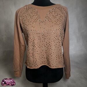 Y2K Self Esteem Studded Sweatshirt Womens Large Rhinestone Raw Hem Tan Top
